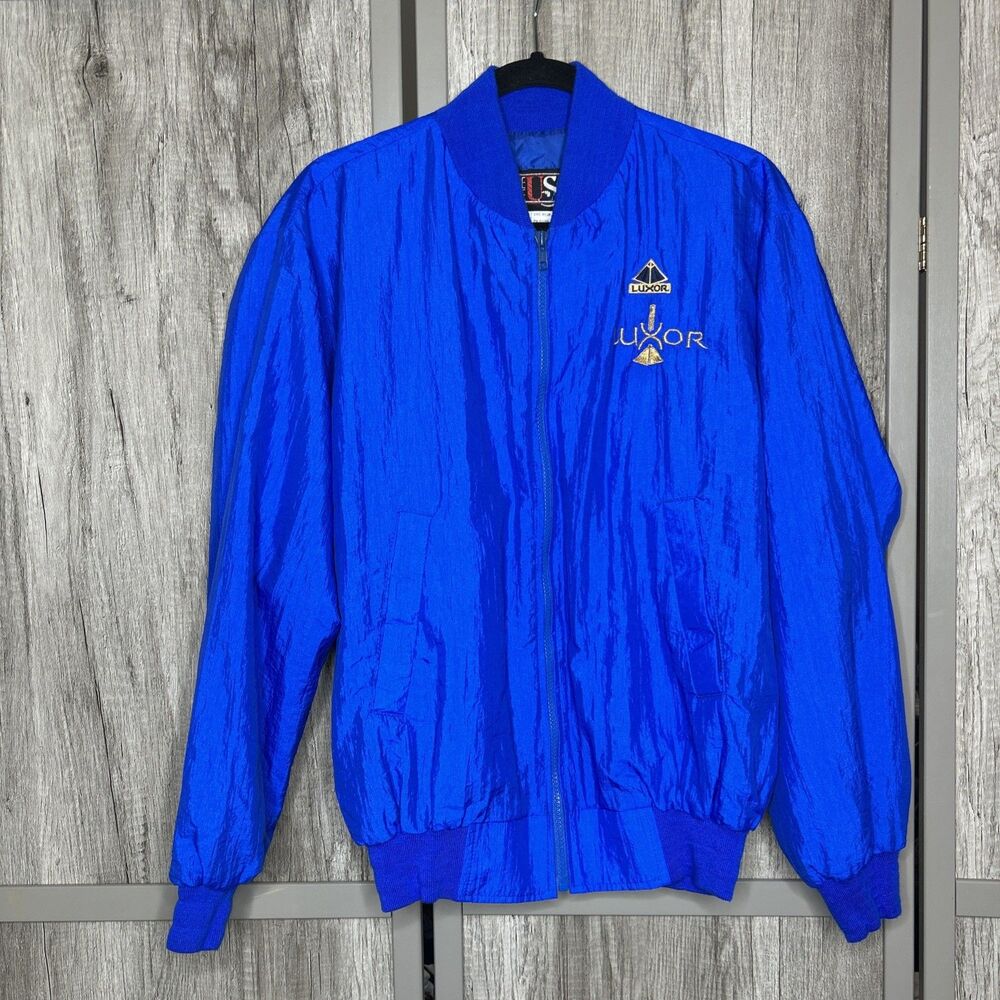 Vintage Luxor Las Vegas Blue Bomber Jacket Gold Embroidered Logo Size M
